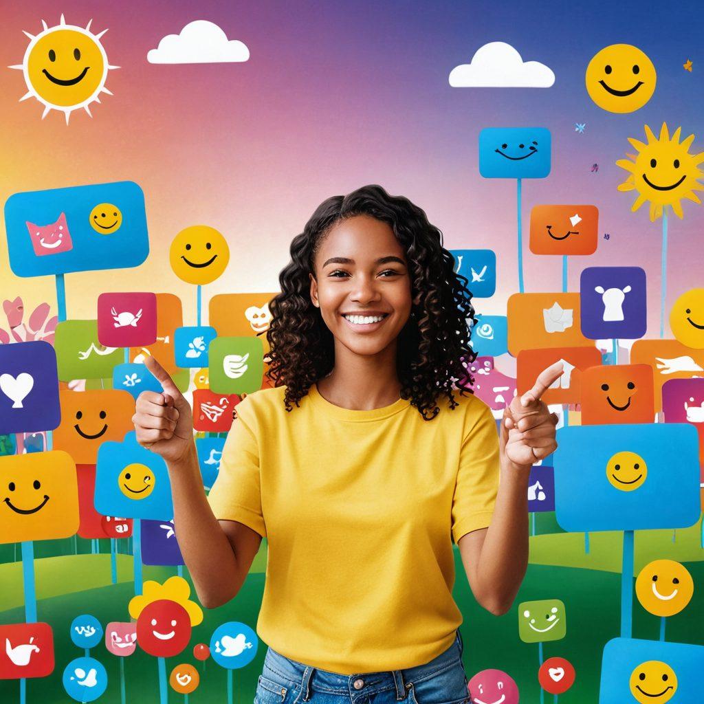 A bright, inviting digital landscape filled with cheerful customer avatars engaging joyfully with user-friendly devices, surrounded by colorful icons representing satisfaction and happiness. Include elements like a sunny sky, smiling faces, and interactive interfaces to depict a vibrant atmosphere of positive digital experiences. cartoon style. vibrant colors.